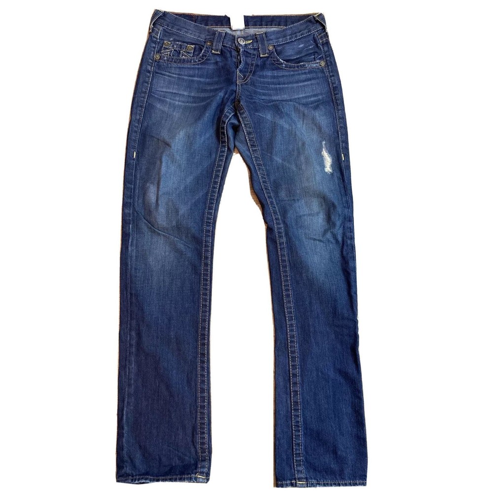 True Religion World Tour Drew Straight Distressed Jeans Women’s Sz 26 Button Fly